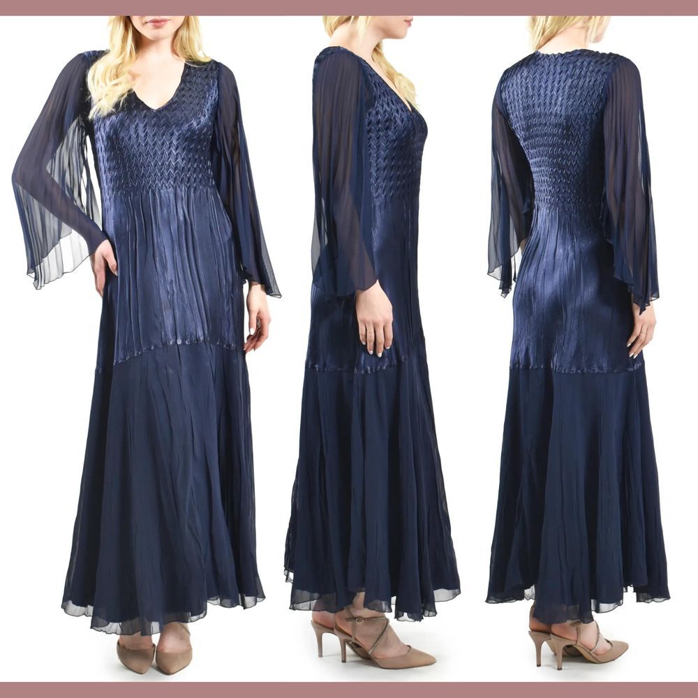 NEW $430 Komarov [ Medium ] Charmuese Metallic‎ Braided Long Sleeve Dress Blue